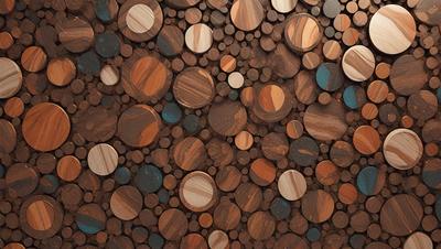 The primary subject of the image is a wooden wall with a pattern of circles. The setting is a room with a wooden floor, and the visual style is a combination of a photo and a digital art. The dominant colors are brown and orange, creating a warm and natural atmosphere.