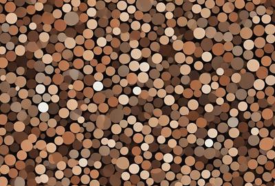 The primary subject of the image is a close-up of a pattern made up of white and brown circles. The setting is a brown surface, possibly a wall or a table. The visual style appears to be a combination of a photo and a digital art or illustration, as the circles are arranged in a visually appealing manner. The colors and mood of the image are warm and inviting, with the white circles contrasting nicely against the brown surface.