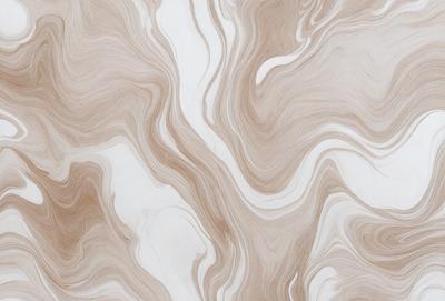 The primary subject of the image is a white and brown marbled wallpaper with a swirling pattern. The setting is a room with a white wall, and the visual style is a close-up of the wallpaper. The colors and mood of the image are predominantly white and brown, creating a warm and natural atmosphere.