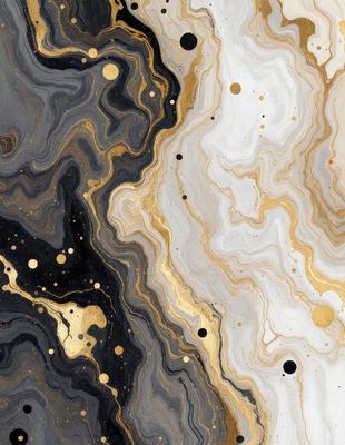 The primary subject of the image is a black and gold painting, which features a mix of black, gold, and white colors. The setting is a canvas, and the visual style appears to be a painting or drawing. The painting has a unique and intricate design, with a combination of gold and black elements. The overall atmosphere of the painting is rich and visually appealing, showcasing the artist's skill and creativity.