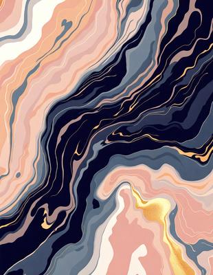 The primary subject of the image is a close-up of a marbled surface, which appears to be a painting or a digital artwork. The setting is a black and gold background, creating a striking contrast with the marbled surface. The visual style is a mix of realism and artistic expression, as the marbled surface is depicted in a way that showcases its intricate patterns and textures. The colors and mood of the image are predominantly black and gold, giving it a luxurious and elegant appearance.