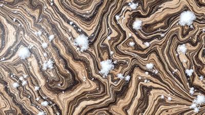 The primary subject of the image is a patterned surface, possibly a marble or wood-like material, with a mix of brown and white colors. The setting appears to be a room with a wooden floor. The visual style of the image is a close-up of the patterned surface, showcasing the intricate details of the design. The colors and mood of the image are warm and inviting, with the brown and white tones creating a sense of depth and texture.