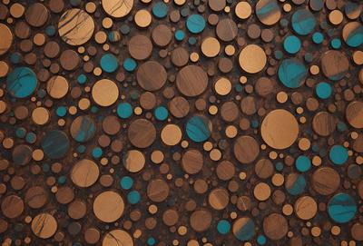 The primary subject of the image is a pattern of circles, which are arranged in a visually appealing manner. The circles are of various sizes and are placed on a surface that appears to be made of wood. The setting or background of the image is a wooden surface, which adds to the overall visual style of the image. The colors and mood of the image are predominantly brown and blue, creating a warm and inviting atmosphere.