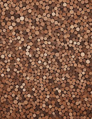 The primary subject of the image is a pattern of circles, which are arranged in a visually appealing manner. The setting is a wooden surface, possibly a wall or a table, with the circles covering the entire area. The visual style of the image is a combination of a photo and a digital art, as it appears to be a close-up of the circles, but the circles themselves are not real, suggesting that they are a part of a digital art or a patterned design. The dominant colors in the image are brown and beige