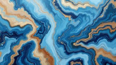 The primary subject of the image is a blue and gold marbled pattern, which is the main focus of the image. The setting is a blue and gold marbled surface, which serves as the backdrop for the pattern. The visual style of the image is a close-up of the marbled pattern, showcasing its intricate details. The colors and mood of the image are predominantly blue and gold, creating a sense of elegance and sophistication.