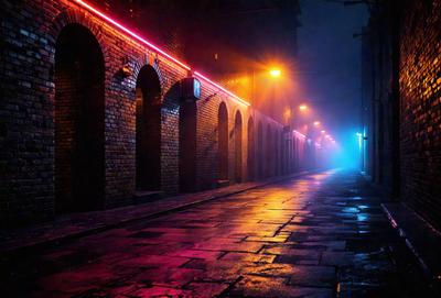 The primary subject of the image is a long, narrow alleyway with a brick wall on one side. The setting is a dark, foggy night, creating a mysterious atmosphere. The visual style is a photo, capturing the scene in its natural environment. The dominant colors are red, orange, and blue, which are illuminated by the street lights, creating a vibrant and moody ambiance.