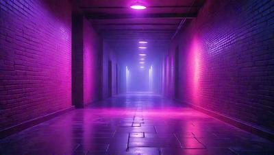 The primary subject of the image is a long, narrow hallway with a purple glow. The setting is a brick building, and the visual style appears to be a photo. The dominant colors in the image are purple and pink, creating a moody and atmospheric ambiance.