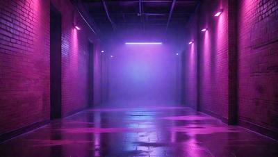 The primary subject of the image is a purple hallway with a pinkish glow. The setting is a dark, narrow passage with a brick wall. The visual style is a combination of a photo and digital art, creating a surreal and moody atmosphere. The dominant colors are purple and pink, with the pinkish glow adding a sense of warmth to the otherwise dark and mysterious environment.