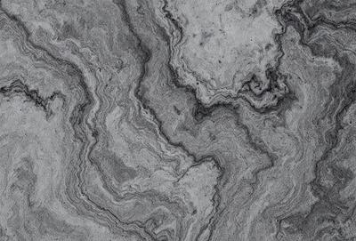 The primary subject of the image is a close-up of a marble surface with a pattern of swirls and waves. The setting is a stone countertop, and the visual style is a photo. The dominant colors are grays and browns, creating a natural and earthy atmosphere.