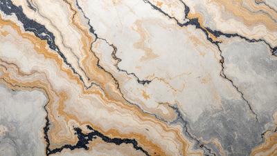 The primary subject of the image is a marble countertop with a unique, swirling pattern. The setting is a kitchen, and the visual style is a close-up of the marble countertop. The colors and mood of the image are predominantly yellow and orange, giving it a warm and inviting atmosphere.