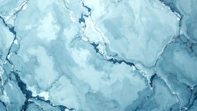 The primary subject of the image is a blue and white marble-like surface, which appears to be a painting or a digital artwork. The setting is a cloudy sky, and the visual style is a combination of painting and digital art. The colors and mood of the image are predominantly blue and white, creating a serene and calming atmosphere.