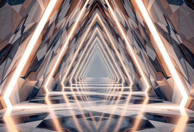 The primary subject of the image is a long, narrow hallway with a blue floor. The setting is a futuristic environment, possibly a space station or a high-tech building. The visual style is a combination of photo and digital art, creating a unique and intriguing atmosphere. The dominant colors are blue and white, with the blue floor and the white lighting creating a sense of depth and contrast. The overall mood of the image is mysterious and captivating, inviting the viewer to explore the unknown spaces within