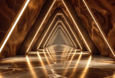 The primary subject of the image is a long, narrow hallway with a patterned floor. The setting is a dark room, and the visual style appears to be a combination of a photo and digital art. The colors and mood of the image are predominantly dark, with a few bright spots from the lighting.