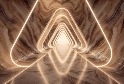 The primary subject of the image is a long, narrow hallway with a reflective surface. The setting is a wood-paneled room, and the visual style appears to be a combination of photo and digital art. The colors and mood of the image are predominantly dark, with a focus on the light reflecting off the hallway's surface.