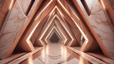 The primary subject of the image is a long hallway with a patterned floor. The setting is a large building with a wooden interior. The visual style is a combination of photo and digital art, creating a unique and intricate design. The colors and mood of the image are predominantly dark, with a focus on the patterns and textures of the wooden floor.