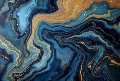 The primary subject of the image is a blue and gold swirling pattern, which appears to be a painting or a digital artwork. The setting is a dark blue background, which contrasts with the vibrant colors of the swirling pattern. The visual style is a mix of artistic and digital elements, creating a unique and captivating image. The dominant colors are blue and gold, with the blue providing a sense of depth and the gold adding a touch of warmth and richness to the scene. Overall, the