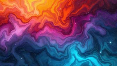 The primary subject of the image is a vibrant and colorful abstract art piece. The setting is a space with a backdrop of stars, creating a celestial atmosphere. The visual style is a combination of digital art and illustration, with a focus on intricate patterns and textures. The dominant colors in the artwork are blue, purple, and orange, which contribute to a lively and energetic mood.