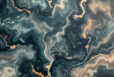 The primary subject of the image is a blue and green marbled surface, which appears to be a painting or a digital artwork. The setting is a dark background, which contrasts with the vibrant colors of the marbled surface. The visual style is a combination of painting and digital art, creating a unique and intriguing appearance. The colors and mood of the image are predominantly blue and green, with a sense of depth and complexity.