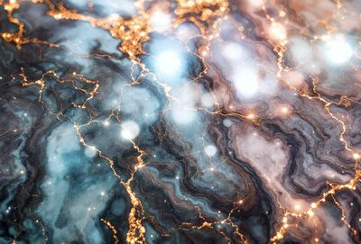 The primary subject of the image is a close-up of a marbled surface, possibly a piece of marble or a marbled wall. The setting is a dark room, and the visual style appears to be a combination of a photo and digital art. The colors and mood of the image are predominantly dark, with a few bright spots of light, creating a moody and dramatic atmosphere.