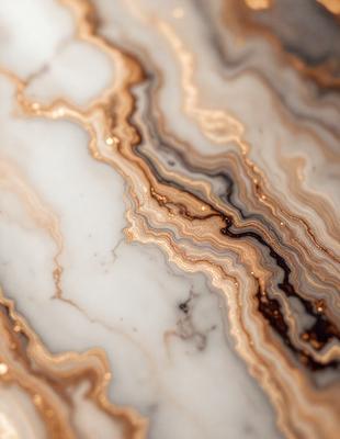 The primary subject of the image is a marble countertop with a unique and intricate pattern. The setting is a kitchen, and the visual style is a close-up of the marble countertop. The colors and mood of the image are predominantly earthy tones, giving it a natural and elegant appearance.