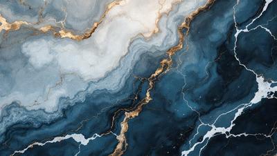 The primary subject of the image is a blue and white marble-like surface with gold streaks. The setting is a dark blue background, which contrasts with the light blue and white marble. The visual style is a painting, with the artist using a combination of colors to create a striking and unique pattern. The colors and mood of the image are predominantly dark and moody, with the gold streaks adding a touch of warmth and contrast to the overall atmosphere.