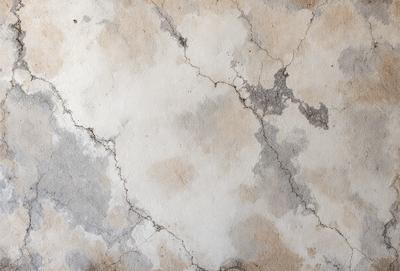 The primary subject of the image is a white marble wall with a cracked and chipped appearance. The setting is a room with a stone wall, and the visual style is a close-up of the wall. The colors and mood of the image are predominantly white, with a slightly aged and worn appearance.