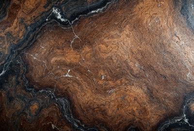 The primary subject of the image is a marble countertop with a unique, textured surface. The setting is a kitchen or a similar environment, as the countertop is a part of a counter. The visual style is a close-up of the marble countertop, showcasing its intricate patterns and textures. The colors and mood of the image are warm and natural, with the marble countertop being the main focus.