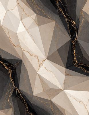 The primary subject of the image is a white and black triangular pattern, which is the main focus of the image. The setting is a marble surface, and the visual style is a combination of digital art and illustration. The dominant colors are white and black, creating a clean and modern atmosphere.