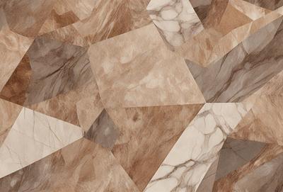 The primary subject of the image is a marble tile pattern. The setting is a marble tile floor, and the visual style is a close-up of the tile pattern. The colors and mood of the image are predominantly brown and earthy, giving it a natural and warm atmosphere.