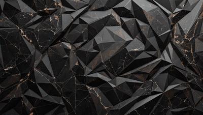 The primary subject of the image is a close-up of a black marble surface with a geometric pattern. The setting is a dark room, and the visual style appears to be a combination of a photo and digital art. The dominant colors are black and grey, creating a moody atmosphere.