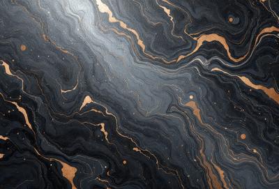 The primary subject of the image is a close-up of a black and gold marbled surface. The setting is a dark room, and the visual style appears to be a combination of a photo and a digital art or illustration. The dominant colors are black and gold, creating a rich and luxurious atmosphere.