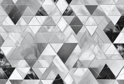 The primary subject of the image is a patterned wall made of marble. The setting is a room with a marble wall, and the visual style is a combination of photo and digital art. The colors and mood of the image are predominantly white and gray, giving it a clean and modern appearance.