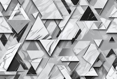 The primary subject of the image is a pattern of triangles, which are arranged in a visually appealing manner. The setting is a gray background, which provides a neutral and clean appearance. The visual style is a combination of digital art and illustration, creating a unique and intricate design. The colors and mood of the image are predominantly gray and black, giving it a modern and sophisticated feel.