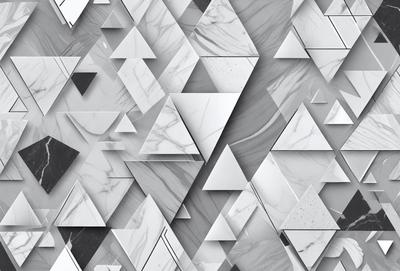 The primary subject of the image is a pattern of triangles, which are arranged in a visually appealing manner. The setting is a marble wall, and the visual style is a combination of digital art and illustration. The dominant colors are white and gray, creating a clean and modern atmosphere.