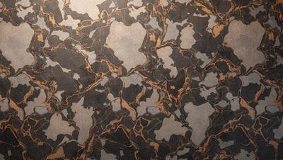 The primary subject of the image is a close-up of a marble wall with a gold and brown color scheme. The setting is a room with a patterned wallpaper, which adds to the visual style. The visual style is a combination of a photo and a patterned wallpaper, creating a unique and intricate design. The colors and mood of the image are warm and inviting, with the gold and brown tones evoking a sense of luxury and sophistication.