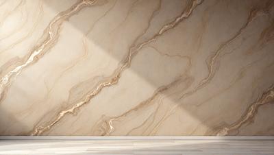 The primary subject of the image is a marble wall with a sunlight shining on it. The setting is a room with a white marble floor. The visual style is a photo, and the colors and mood are predominantly white and neutral, creating a clean and elegant atmosphere.
