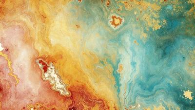 The primary subject of the image is a painting featuring a blue and orange color scheme. The setting is a painting of a blue and orange ocean, with a rocky surface visible in the foreground. The visual style is a painting, and the colors and mood convey a sense of depth and vibrancy.