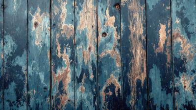 The primary subject of the image is a wooden wall with a blue color. The setting is a room with a blue door, and the visual style is a close-up of the wooden wall. The colors and mood of the image are predominantly blue, creating a calm and serene atmosphere.