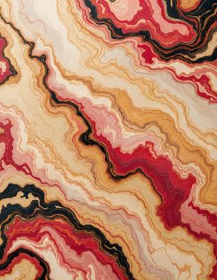 The primary subject of the image is a close-up of a marbled rock wall. The setting is a natural environment, with the rock wall being the main focus. The visual style is a combination of a photo and a digital art, as the image appears to be a close-up of a natural formation. The colors and mood of the image are predominantly red and orange, giving it a warm and earthy atmosphere.