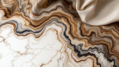 The primary subject of the image is a marble countertop with a unique, swirling pattern. The setting is a kitchen or a similar environment, with a white cloth draped over the countertop. The visual style is a close-up of the marble countertop, showcasing its intricate design. The colors and mood of the image are predominantly white, giving it a clean and elegant appearance.