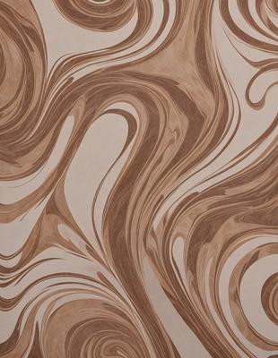 The primary subject of the image is a brown and white striped wallpaper with a swirling pattern. The setting is a room with the wallpaper as the main focus. The visual style is a patterned wallpaper, which gives the room a unique and artistic appearance. The dominant colors are brown and white, creating a warm and earthy atmosphere.
