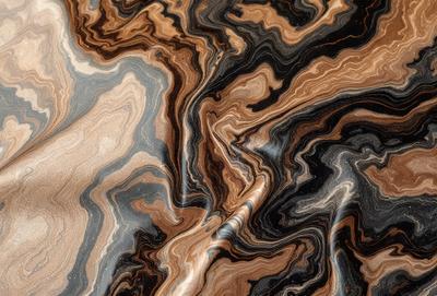 The primary subject of the image is a close-up of a wooden surface with a unique and intricate pattern. The setting is a room with a wooden floor, and the visual style appears to be a combination of a photo and a digital art or illustration. The colors and mood of the image are predominantly dark, with a sense of depth and complexity in the wooden pattern.