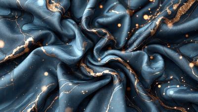The primary subject of the image is a blue fabric with gold stars on it. The setting is a close-up of the fabric, showcasing its texture and pattern. The visual style is a combination of a photo and digital art, creating a unique and eye-catching design. The dominant colors are blue and gold, giving the fabric a luxurious and elegant appearance.