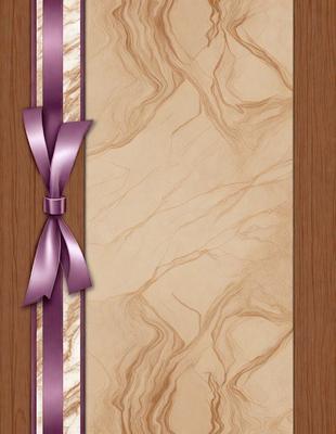 The primary subject of the image is a purple bow tied around a wooden door. The setting is a wooden door with a marbled texture, giving it a unique and elegant appearance. The visual style is a close-up of the purple bow, emphasizing its color and texture. The colors and mood of the image are predominantly purple, creating a sense of sophistication and elegance.