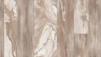 The primary subject of the image is a marble tile floor with a patterned design. The setting is a room with a wooden floor, and the visual style is a photo. The colors and mood of the image are predominantly neutral, with a focus on the marble tile's pattern and texture.