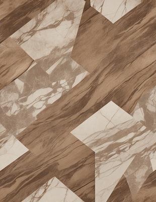 The primary subject of the image is a marble floor with a unique pattern. The setting is a room with a wooden floor, and the visual style is a combination of a photo and a drawing. The colors and mood of the image are warm and inviting, with the marble floor adding a touch of elegance and sophistication to the space.