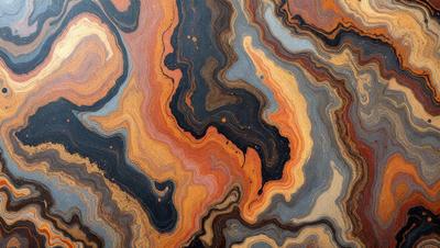 The primary subject of the image is a close-up of a wooden table with a marbled pattern. The setting is indoors, and the visual style appears to be a photo of the table. The colors and mood of the image are predominantly warm and earthy, with the marbled pattern adding a sense of depth and texture to the wooden surface.