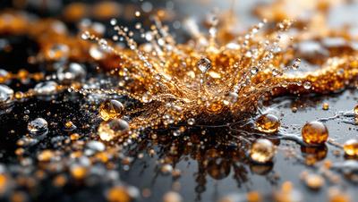 The primary subject of the image is a close-up of a splash of water, which appears to be a mix of orange and yellow colors. The setting is a dark background, which contrasts with the bright colors of the water. The visual style is a combination of a photo and digital art, creating a unique and eye-catching image. The colors and mood of the image are vibrant and energetic, capturing the essence of the splashing water.