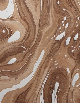 The primary subject of the image is a close-up of a wooden surface with a swirling pattern. The setting is a room with a white wall, and the visual style appears to be a combination of a photo and a digital art or illustration. The dominant colors are brown and white, creating a warm and natural atmosphere.
