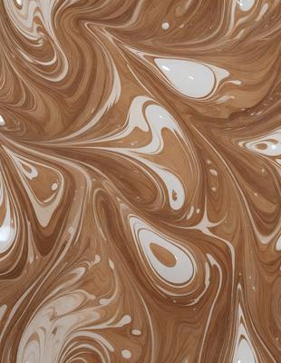 The primary subject of the image is a wooden table with a brown and white marbled pattern. The setting is a room with a wooden floor, and the visual style is a close-up of the table. The colors and mood of the image are warm and inviting, with the brown and white marbled pattern creating a sense of texture and depth.
